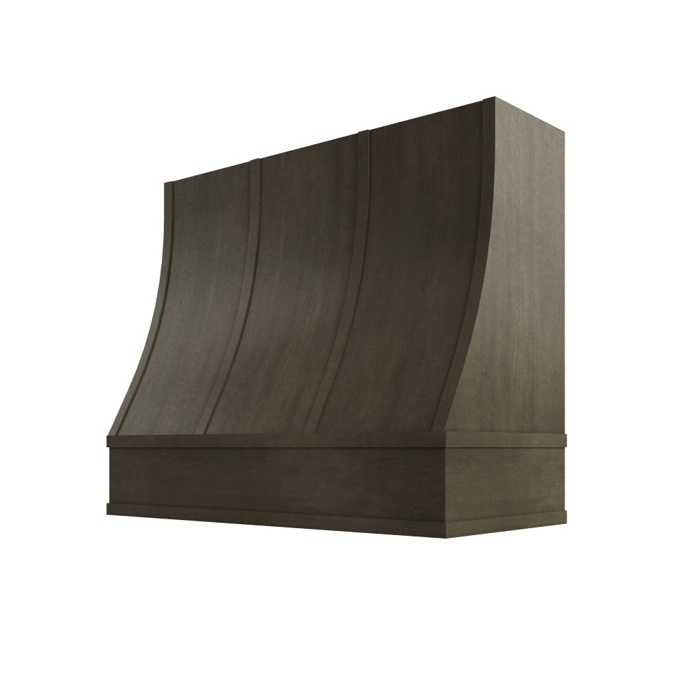 Charlotte Wood Range Hood with Sloped Strapped Front and Flat Moulding