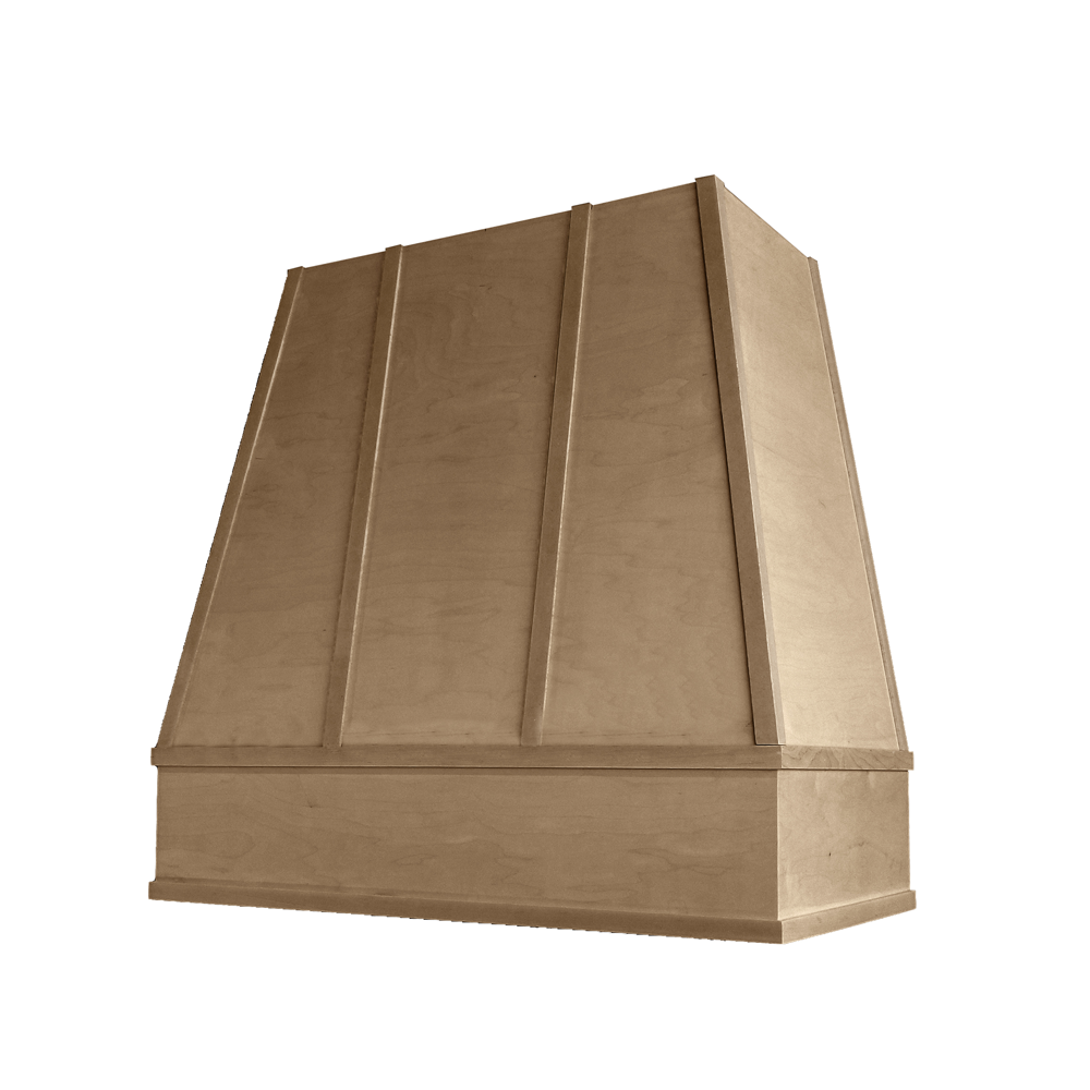 Raleigh Wood Range Hood with Tapered Strapped Front and Flat Moulding