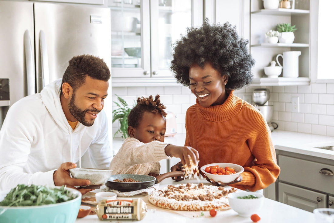 family in kitchen with non toxic low voc cabinets