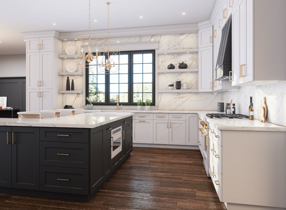 white shaker cabinets in kitchen with black shaker island