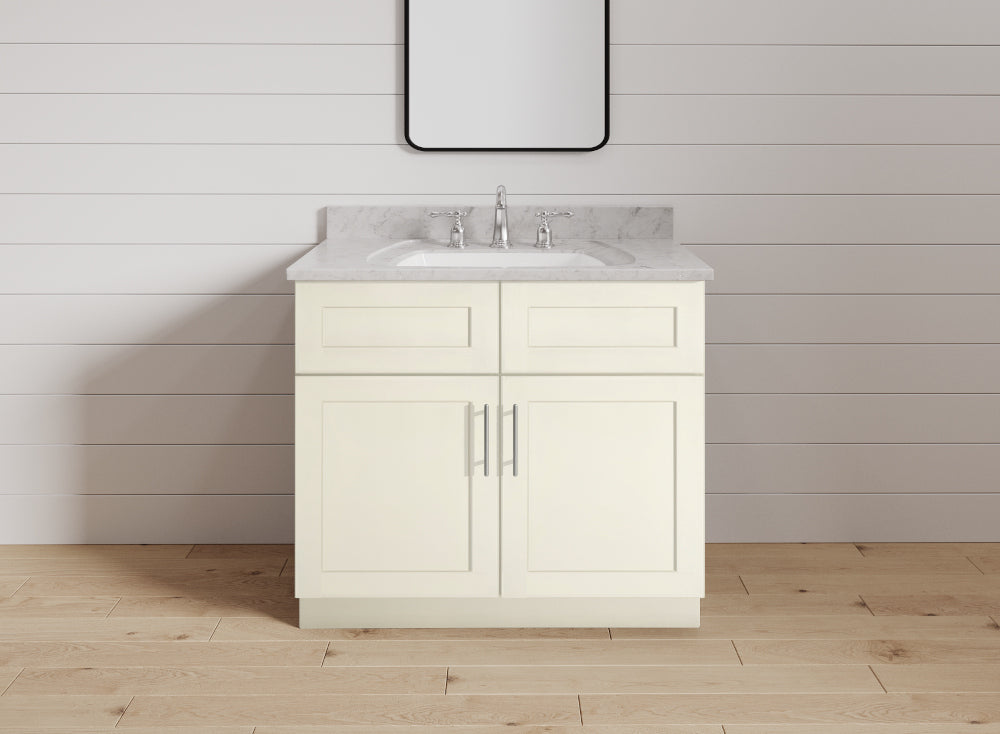 antique white shaker vanities with shiplap