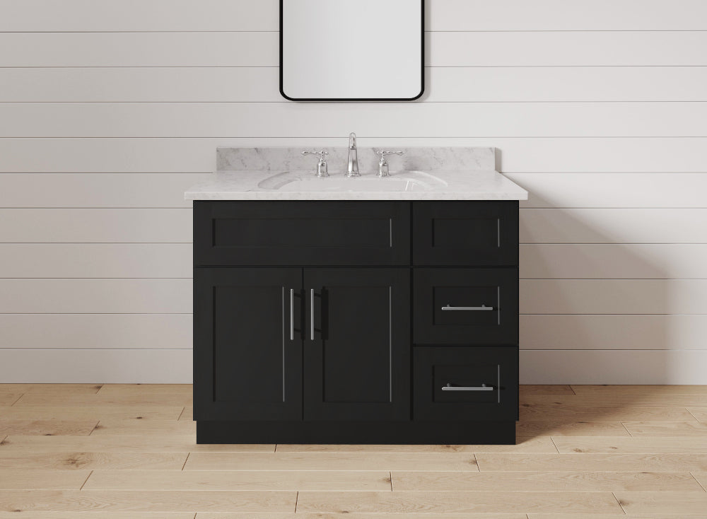 black shaker vanities with shiplap