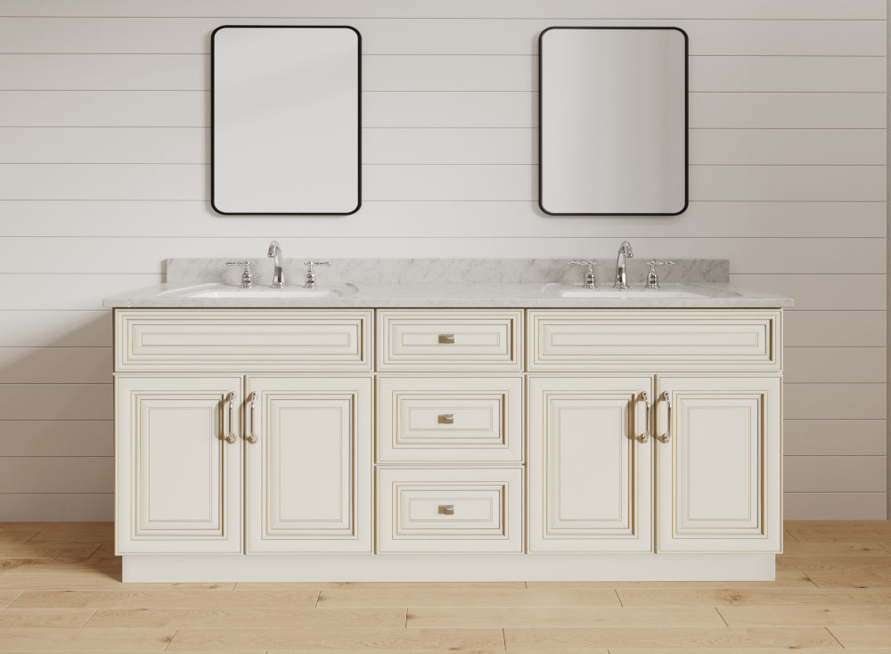 casselberry antique white vanities with shiplap