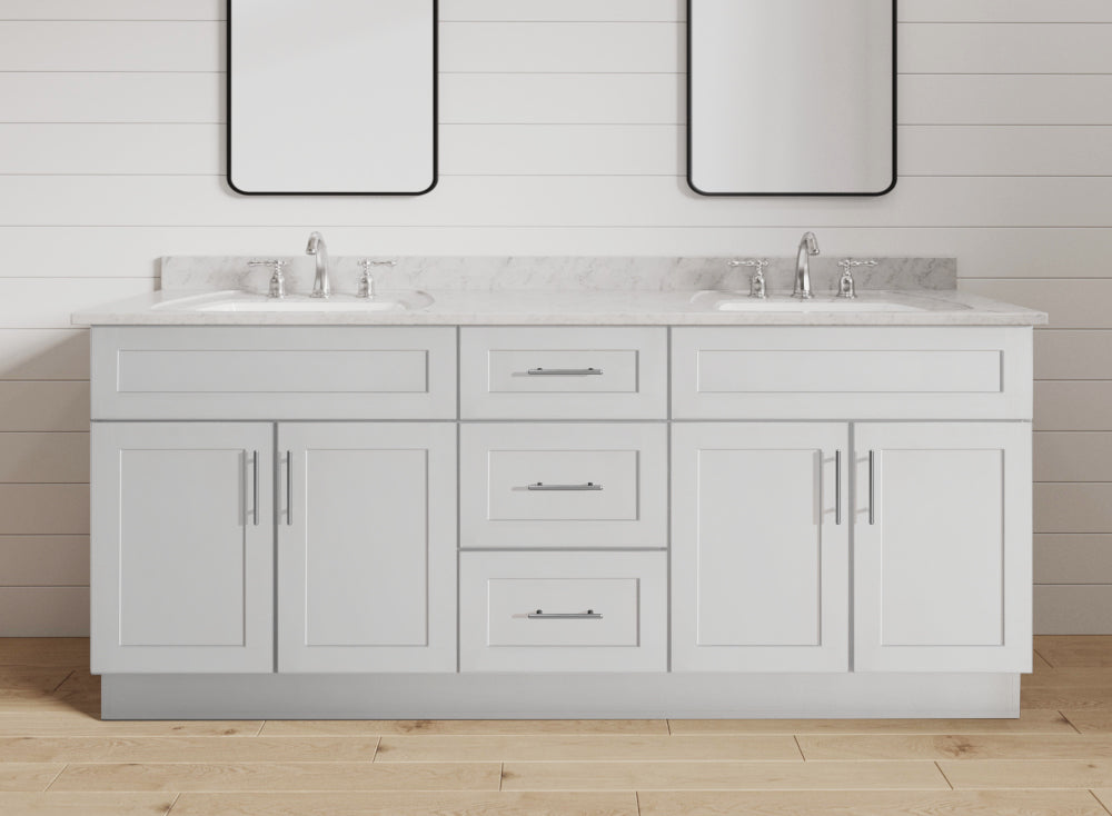 dove shaker vanities with shiplap
