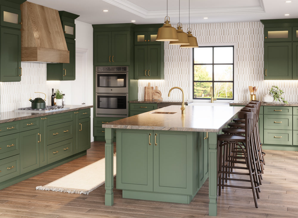 ivy green shaker cabinets in kitchen with island