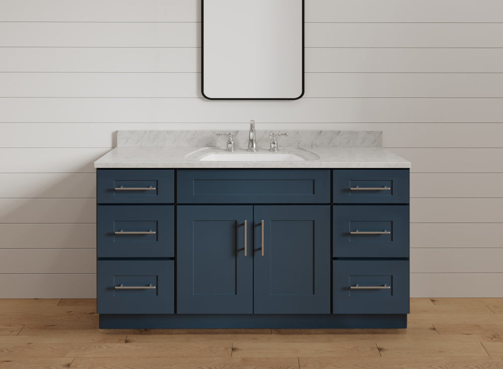navy blue shaker vanities with shiplap