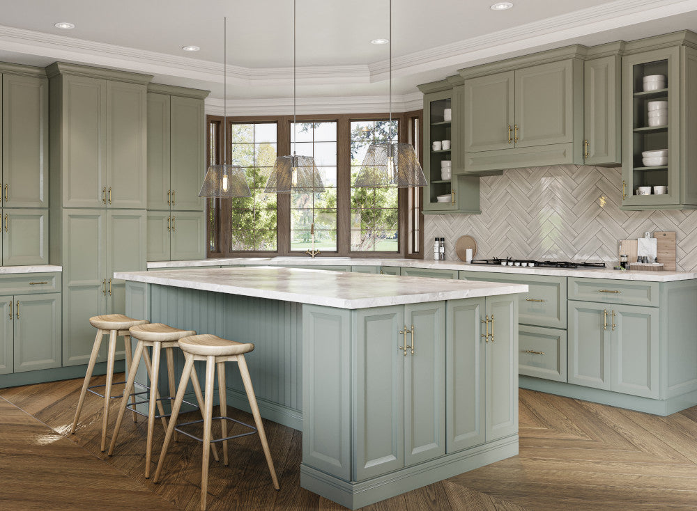 oxford sage cabinets in kitchen with island