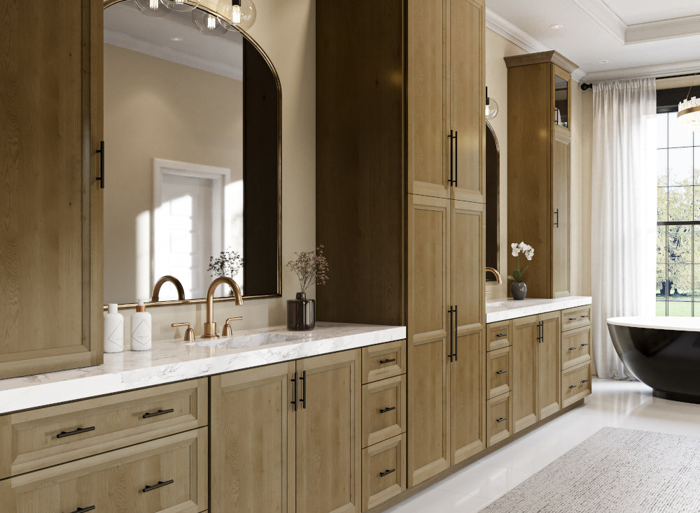 oxford toffee vanities in master bathroom