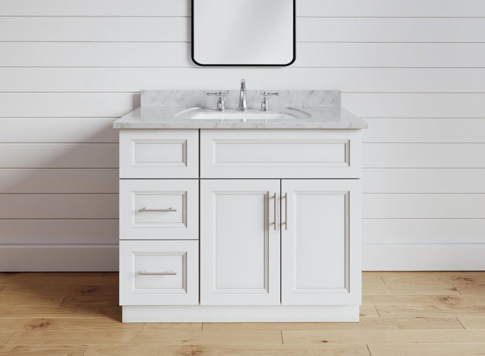 oxford white vanities with shiplap