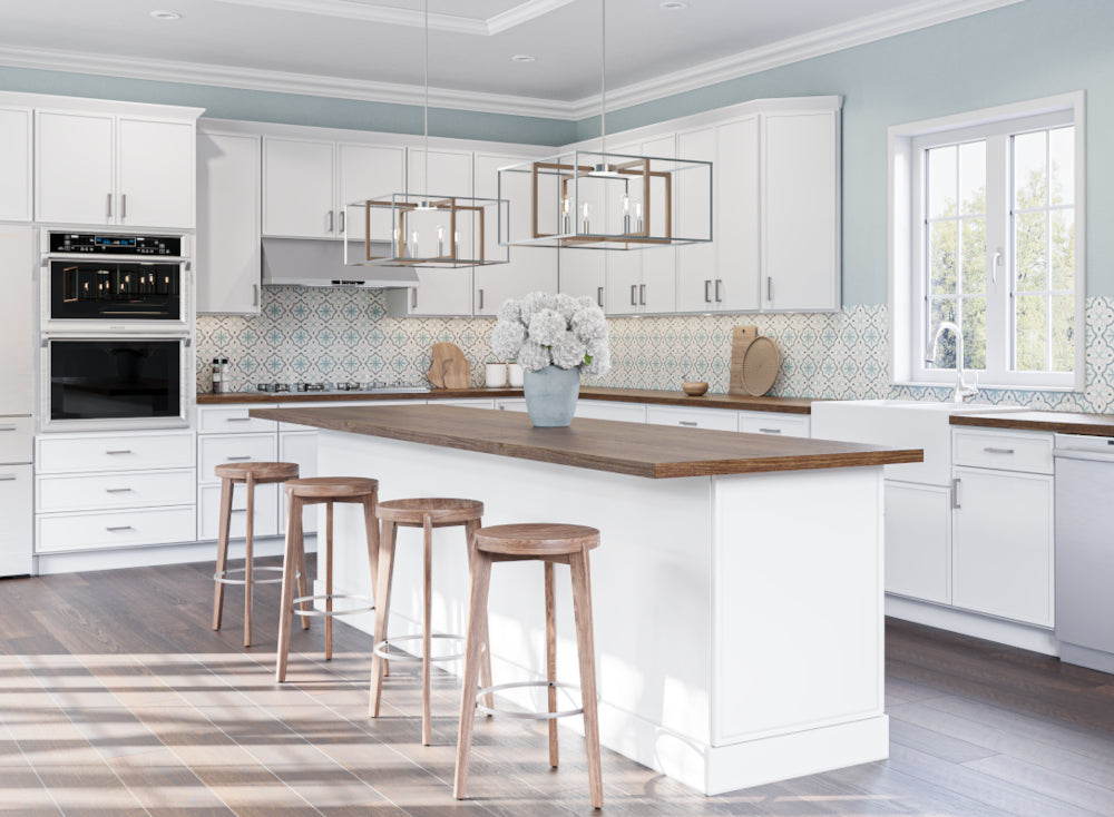 white slim shaker cabinets in kitchen with island