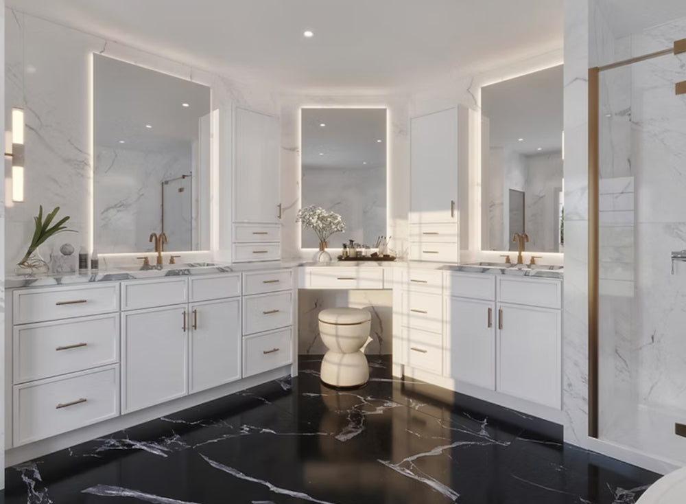 white slim shaker vanities in master bathroom