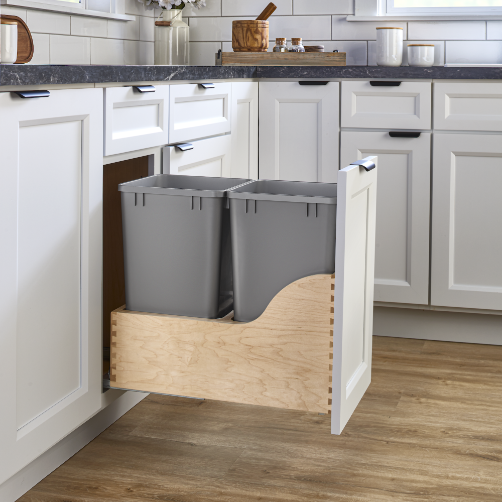 Bottom Mount Maple Pullout w/ Double 27 qt Waste Containers and Blum Soft-Close
