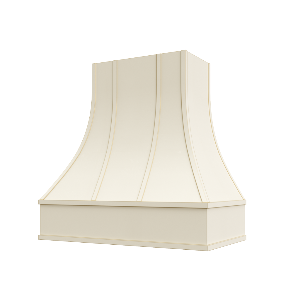 Asheville Wood Range Hood with Curved Strapped Front and Flat Moulding