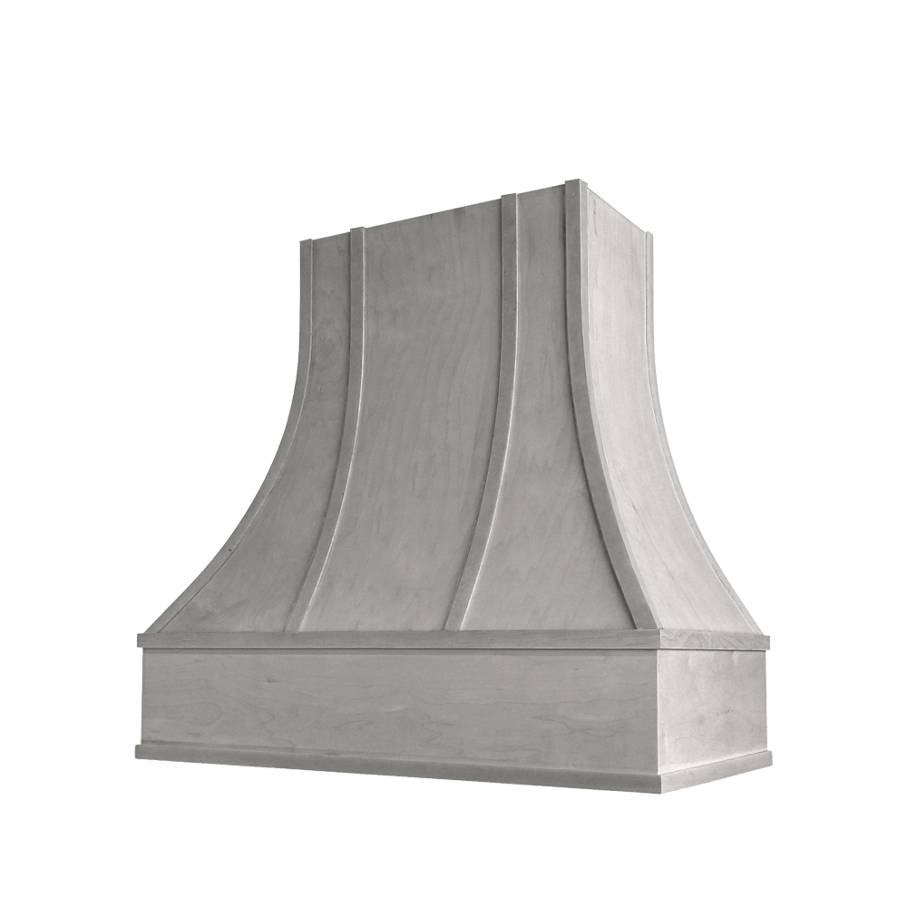 Asheville Wood Range Hood with Curved Strapped Front and Flat Moulding
