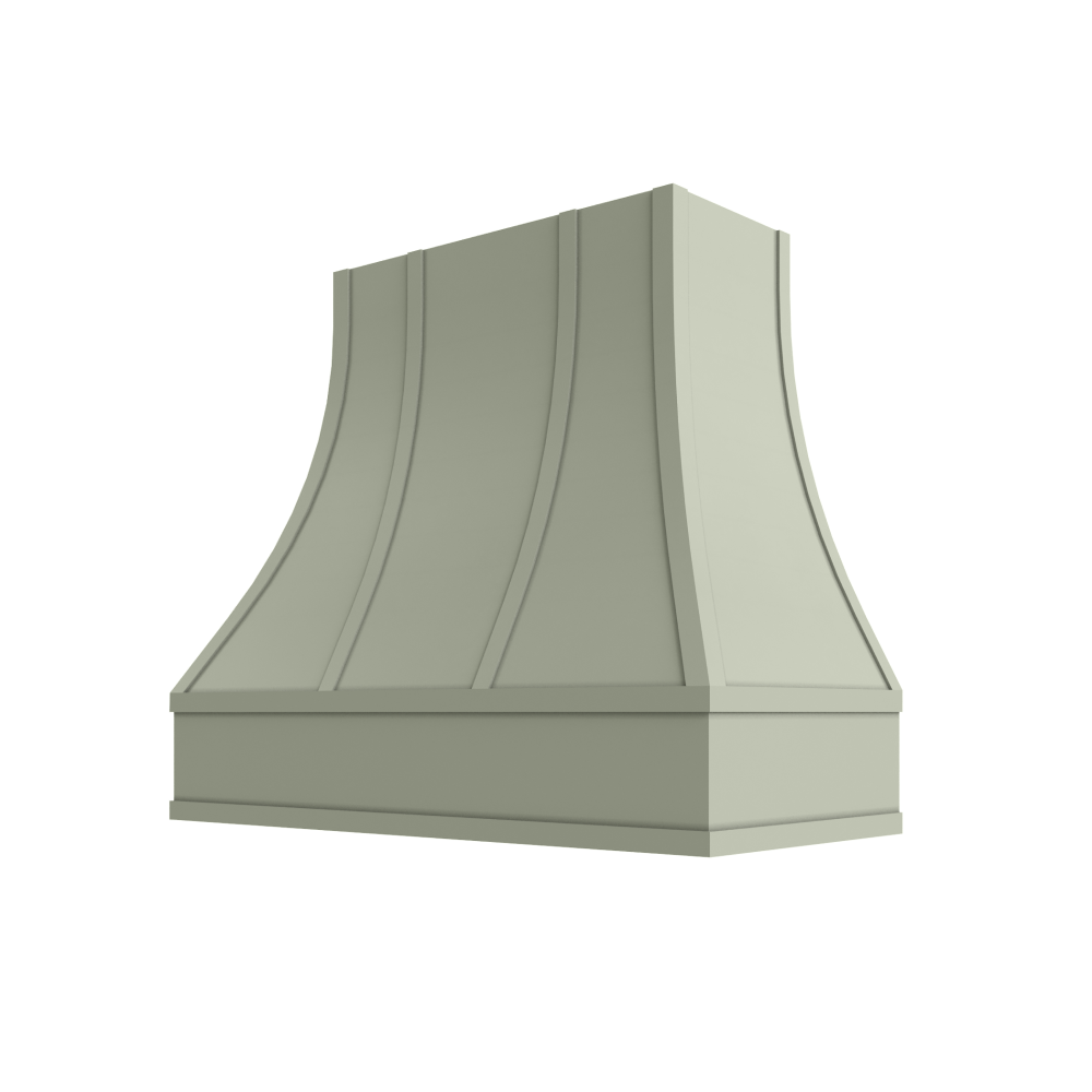 Asheville Wood Range Hood with Curved Strapped Front and Flat Moulding