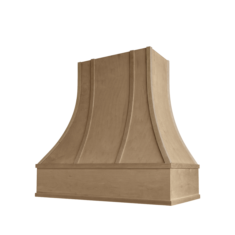Asheville Wood Range Hood with Curved Strapped Front and Flat Moulding