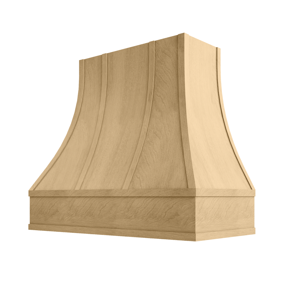 Asheville Wood Range Hood with Curved Strapped Front and Flat Moulding