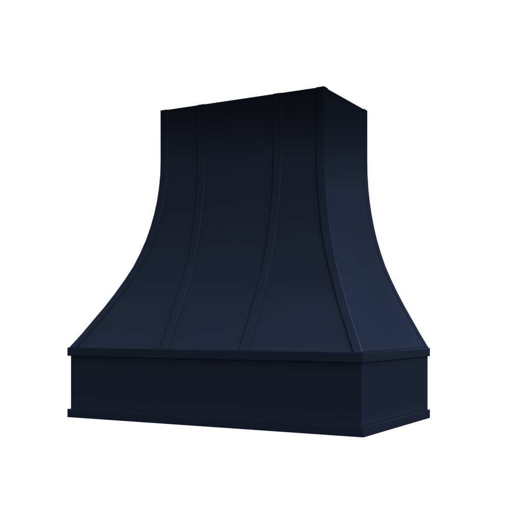 Asheville Wood Range Hood with Curved Strapped Front and Flat Moulding