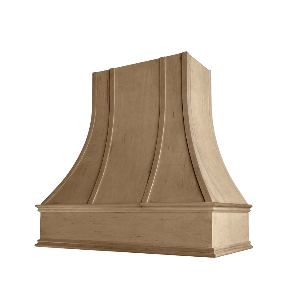 Asheville Wood Range Hood with Curved Strapped Front and Classic Moulding
