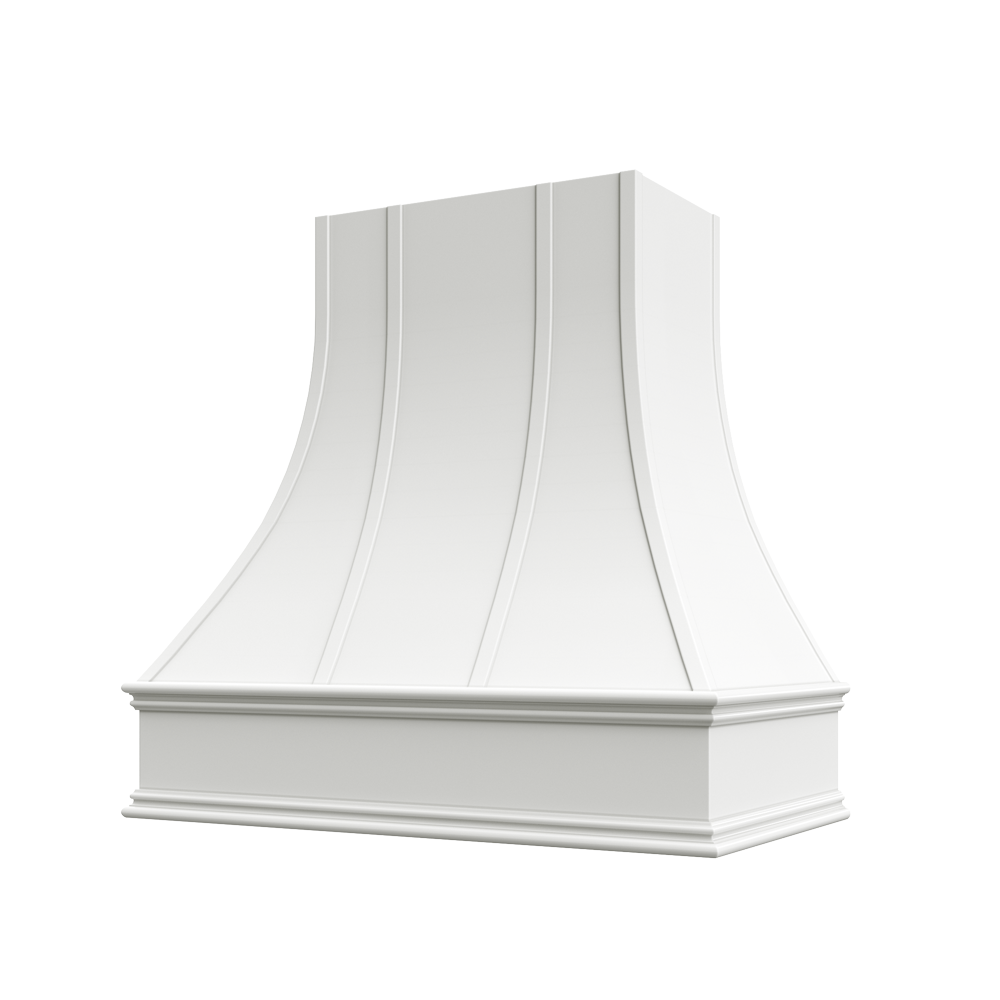 Asheville Wood Range Hood with Curved Strapped Front and Classic Moulding