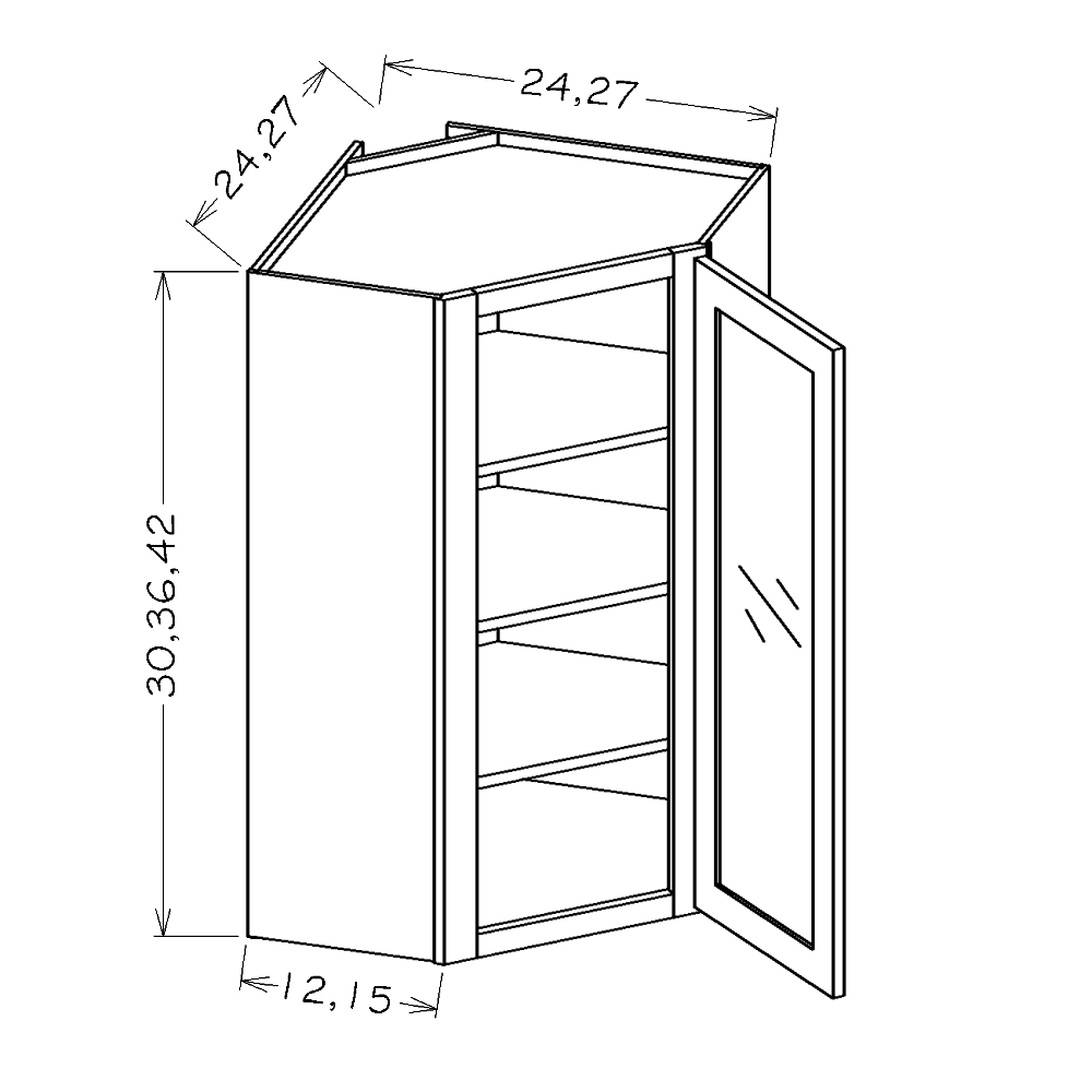 Grey Shaker 24"W x 42" Wall Diagonal Glass Door Corner Cabinet with Finished Interior