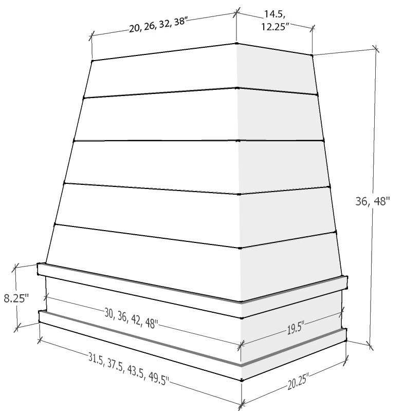 Raleigh Wood Range Hood with Tapered Shiplap Front and Block Moulding